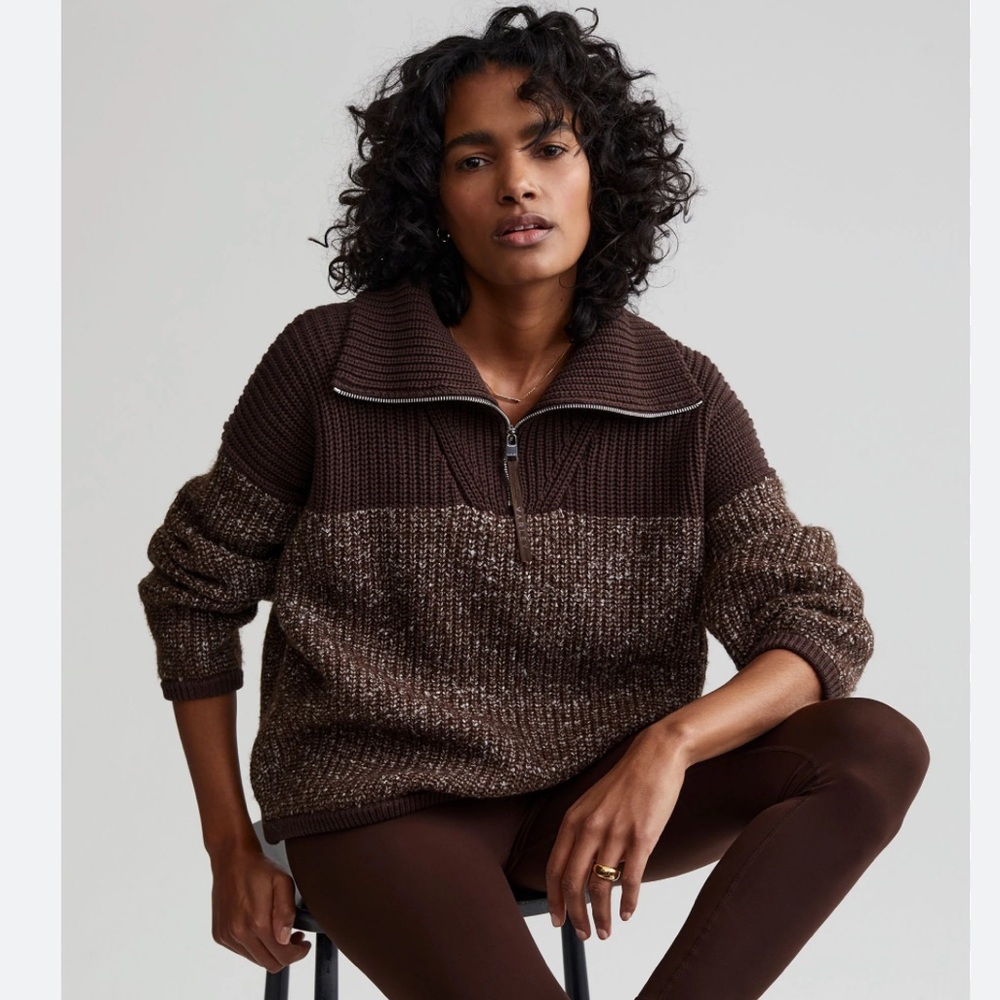 Anthropologie VARLEY WILLARD KNIT HALF-ZIP BROWN SWEATER